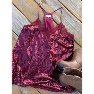 la miel Burgundy Sequin Lace Trim Racerback Cami Tank Top Small